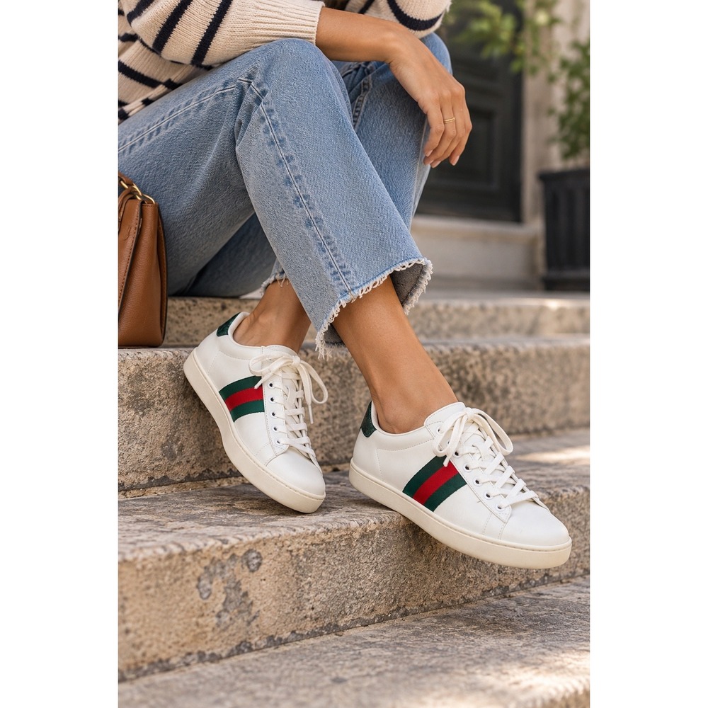 Gucci Ace Sneakers White Leather Web Stripe Crocodile Heel Authentic 38 1/2